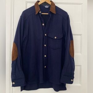 Woolrich Navy Blue Wool Shirt Jacket with Brown Suede Collar & Elbow Patches